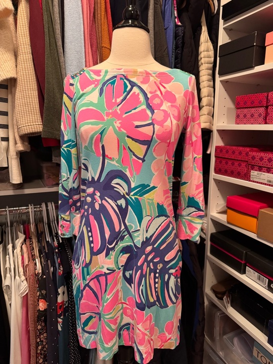 Lilly Pulitzer Vibrant Floral Shift Dress in Aqua & Pink - Cover Up - Picture 2 of 9